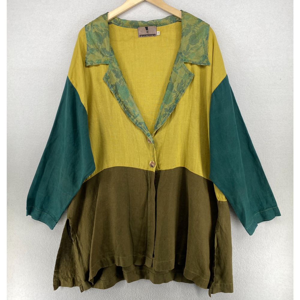 CRUNCH 2 Jacket Linen Colorblock Lagenlook Tunic Overshirt Green USA Vintage